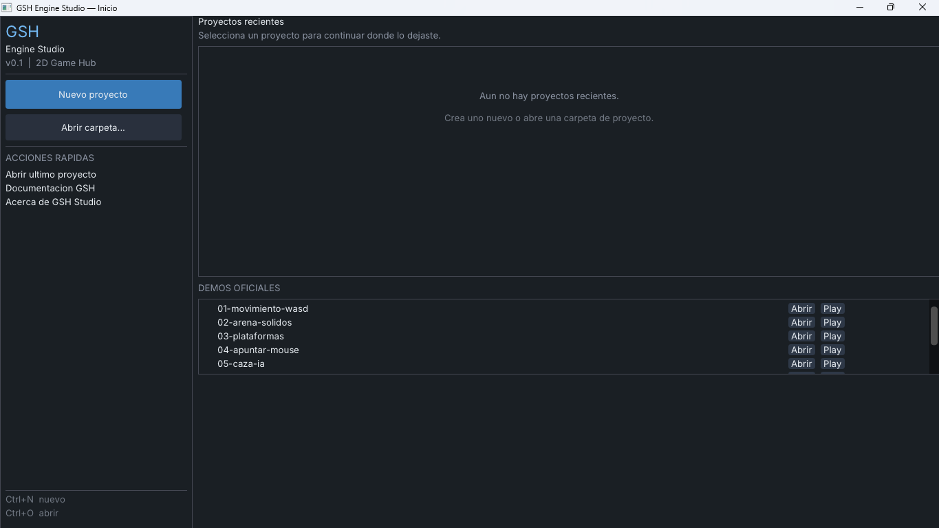 Pantalla de inicio de GSH Engine Studio, con nuevo proyecto, abrir carpeta y demos oficiales